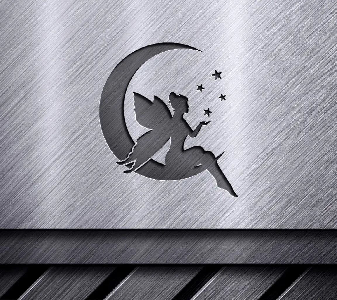 Fairy Silhouette on Crescent Moon SVG - Flying Fairy Design Design SVG