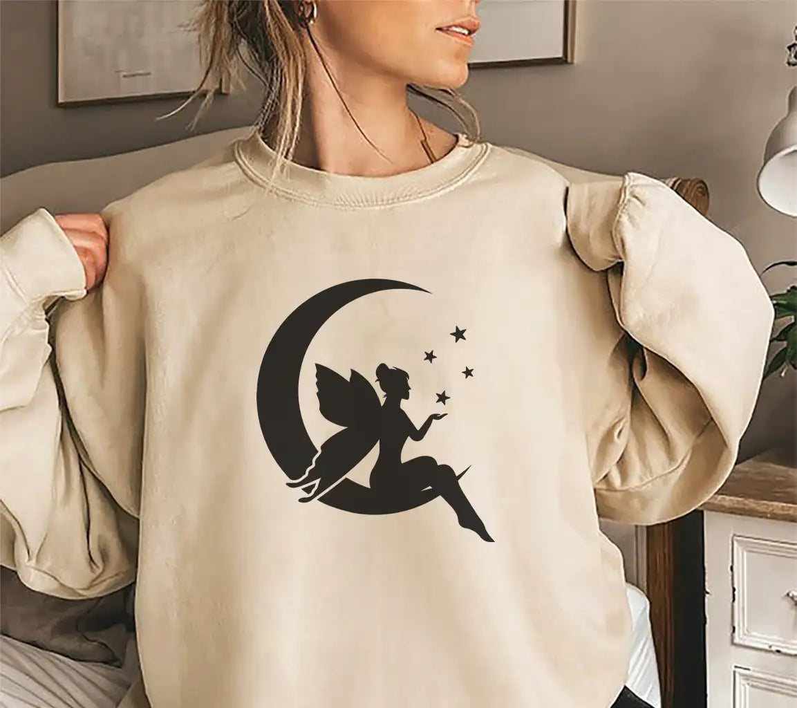 Fairy Silhouette on Crescent Moon SVG - Flying Fairy Design Design SVG