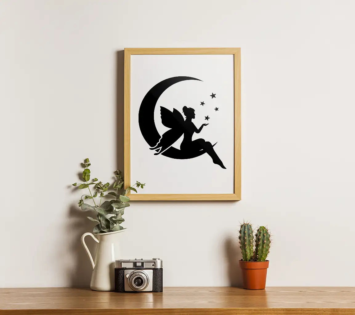 Fairy Silhouette on Crescent Moon SVG - Flying Fairy Design Design SVG