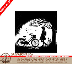 Lonely Girl with Bicycle Nighttime SVG -  Drawing SVG