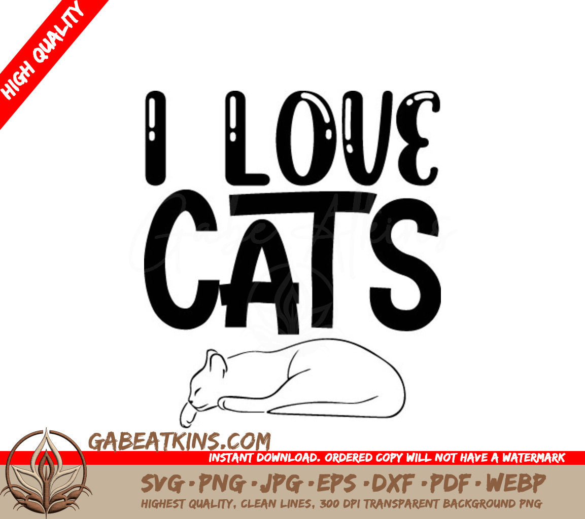 I Love Cats Sleeping Cat SVG -  Drawing SVG