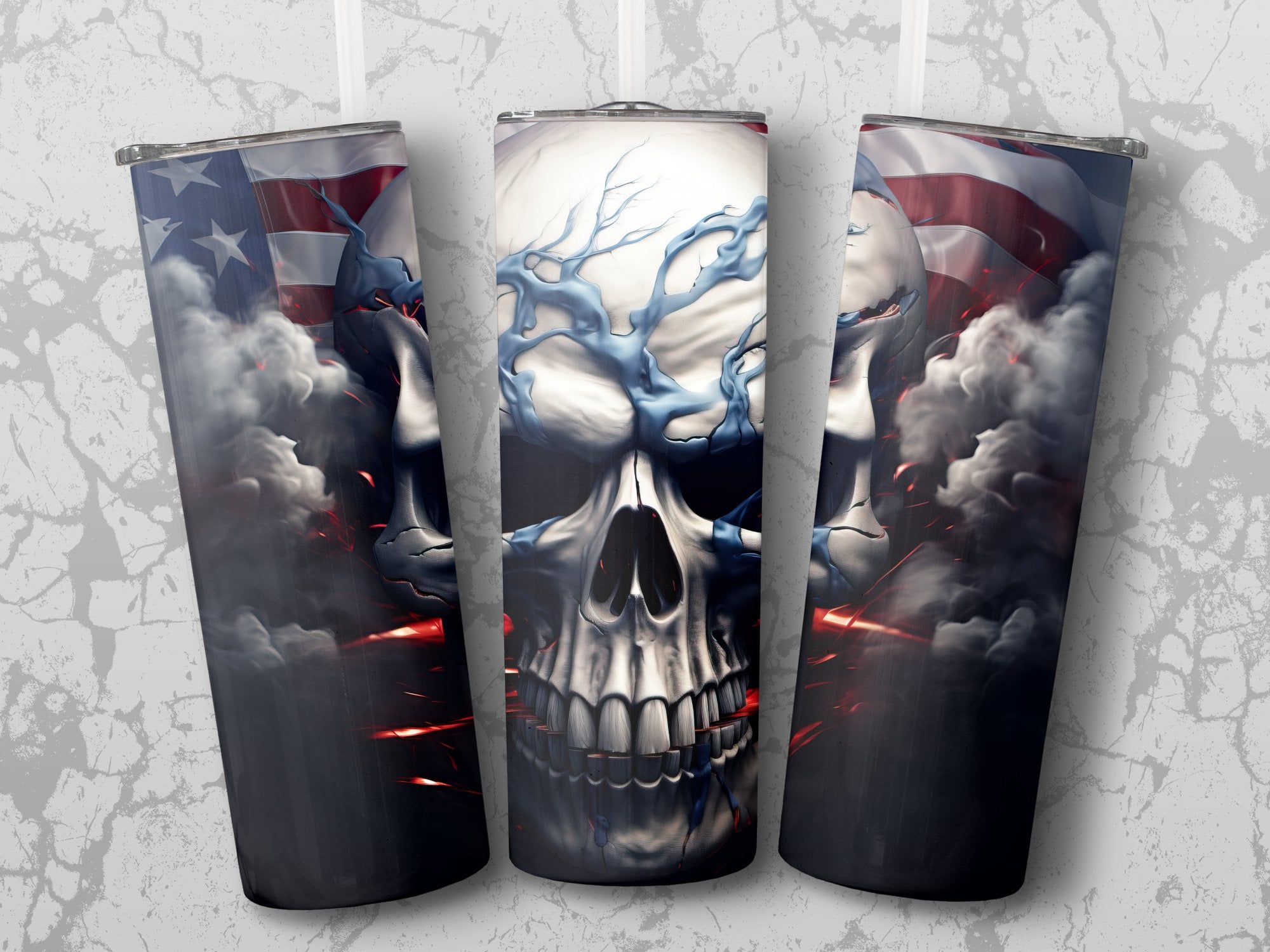 Valor in the Veins: 3D Skull & American Flag 20oz Tumbler Wrap Sublima | 3D Skull & American Flag 20oz Tumbler Wrap Sublimation PNG