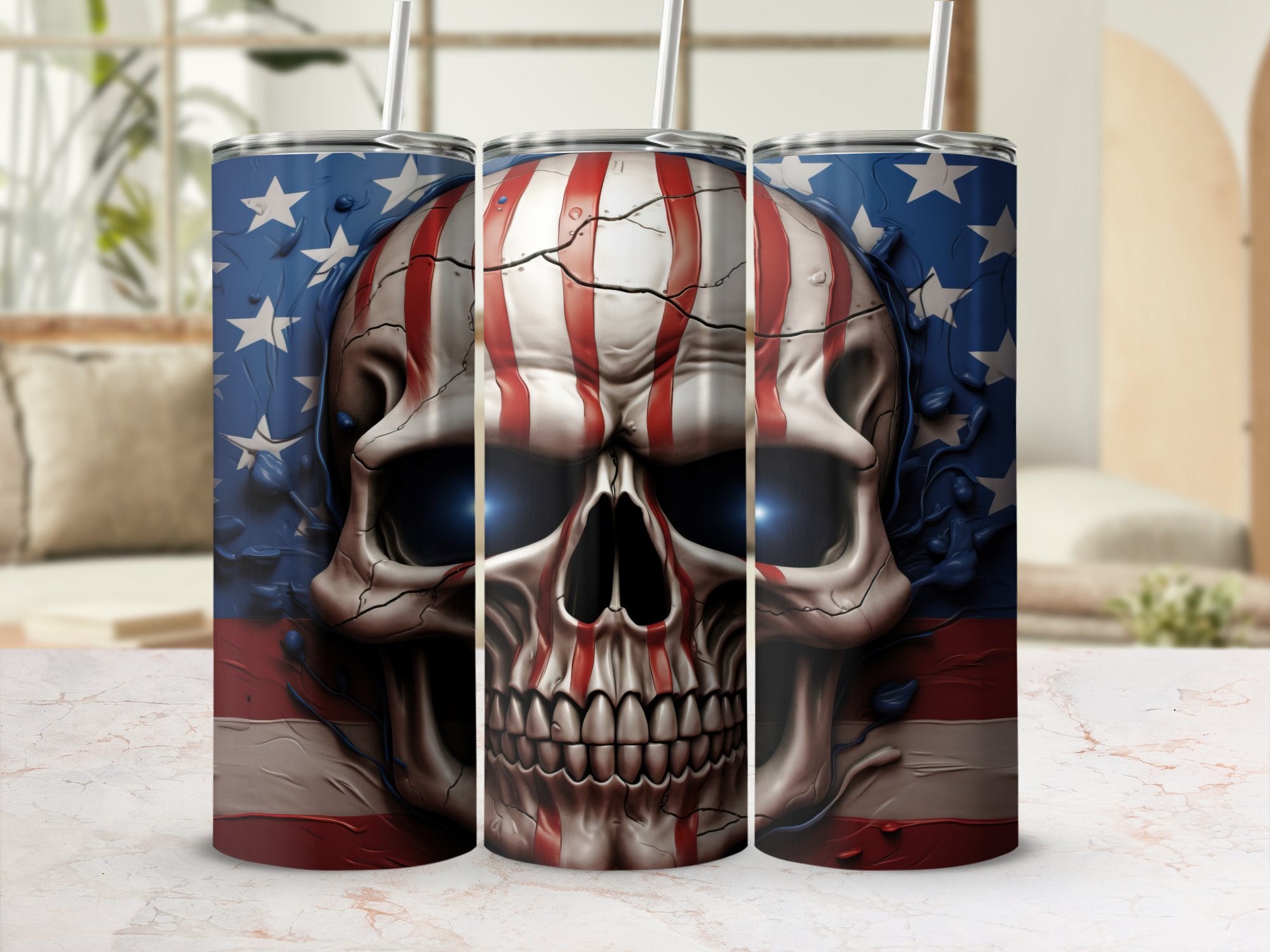 American Flag Skull Tumbler Design | Patriotic 20oz Cup Wrap | Digital Download | USA Pride Sublimation Art | Independence Day Tumbler Wrap | Tumbler Wrap | 20oz tumbler wrap, 3D Skull, aesthetic appeal, American Flag, beverage companion, conversation starter, eye-catching design, high-quality print, indomitable spirit, memorable expression, national pride, new arrival, patriotic spirit, perfect for 20oz tumblers, PNG file, Skulls, Skulls Tumbler Wrap, Stars and Stripes Forever, straight format, sublimation