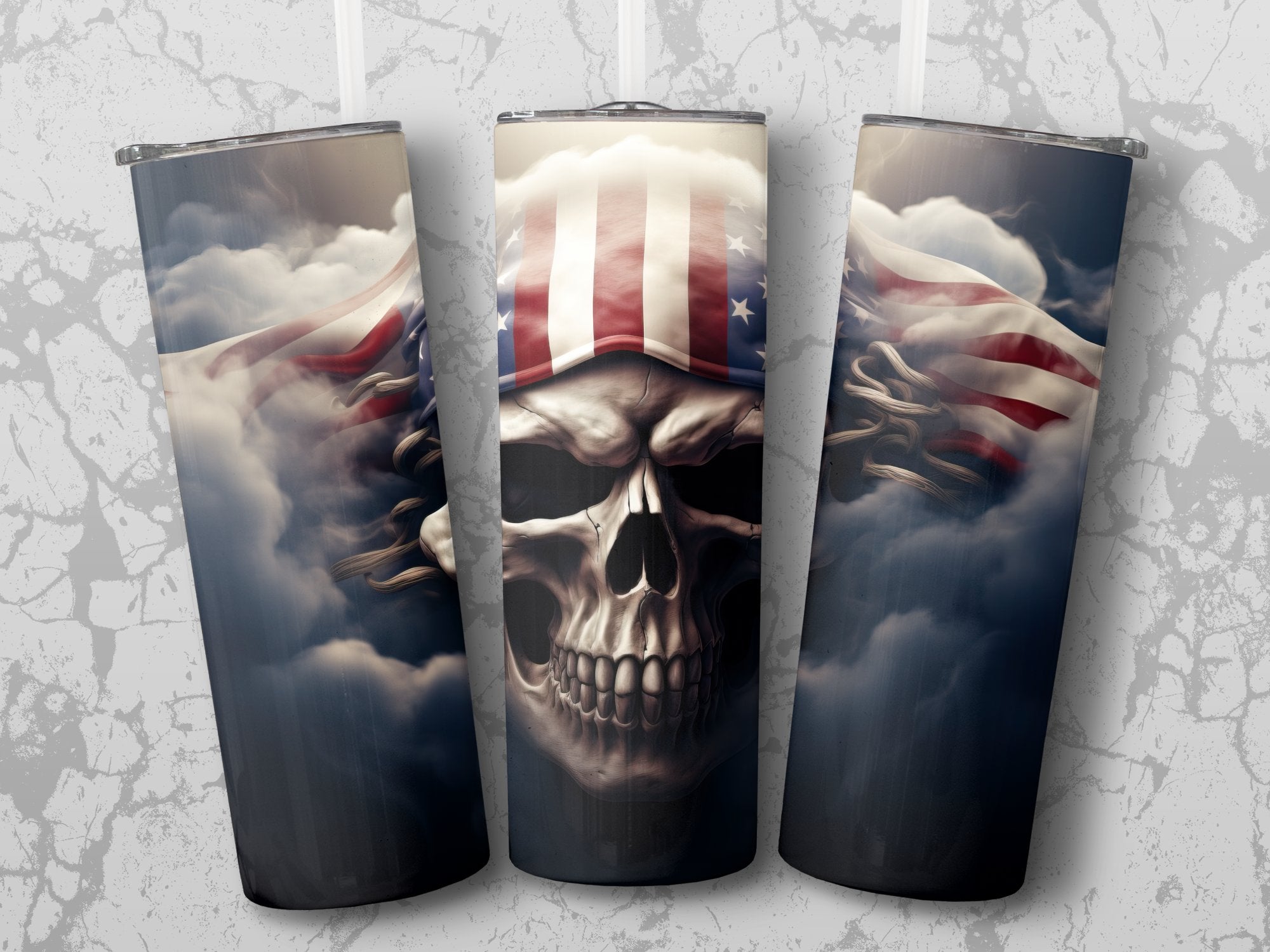 Storm-Wrapped American Flag Skull 20oz Tumbler Design | Ghostly Patriotic Skull Sublimation Wrap | Ethereal Flag Skull Tumbler Graphic - Gabe Atkins Designs