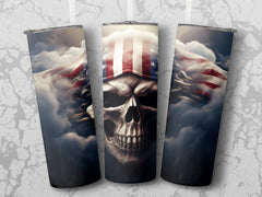 Storm-Wrapped American Flag Skull 20oz Tumbler Design | Ghostly Patriotic Skull Sublimation Wrap | Ethereal Flag Skull Tumbler Graphic - Gabe Atkins Designs