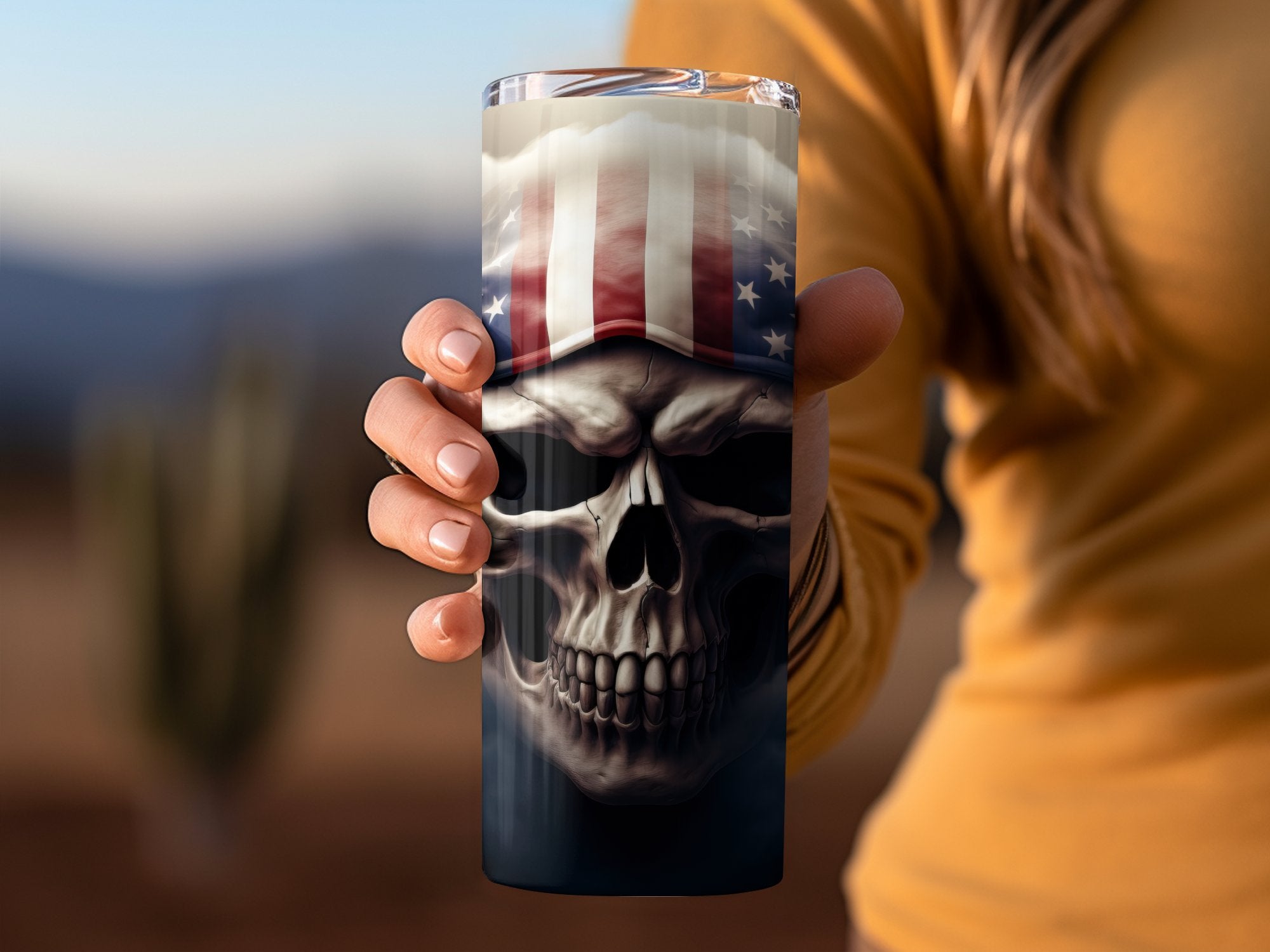 Storm-Wrapped American Flag Skull 20oz Tumbler Design | Ghostly Patriotic Skull Sublimation Wrap | Ethereal Flag Skull Tumbler Graphic - Gabe Atkins Designs