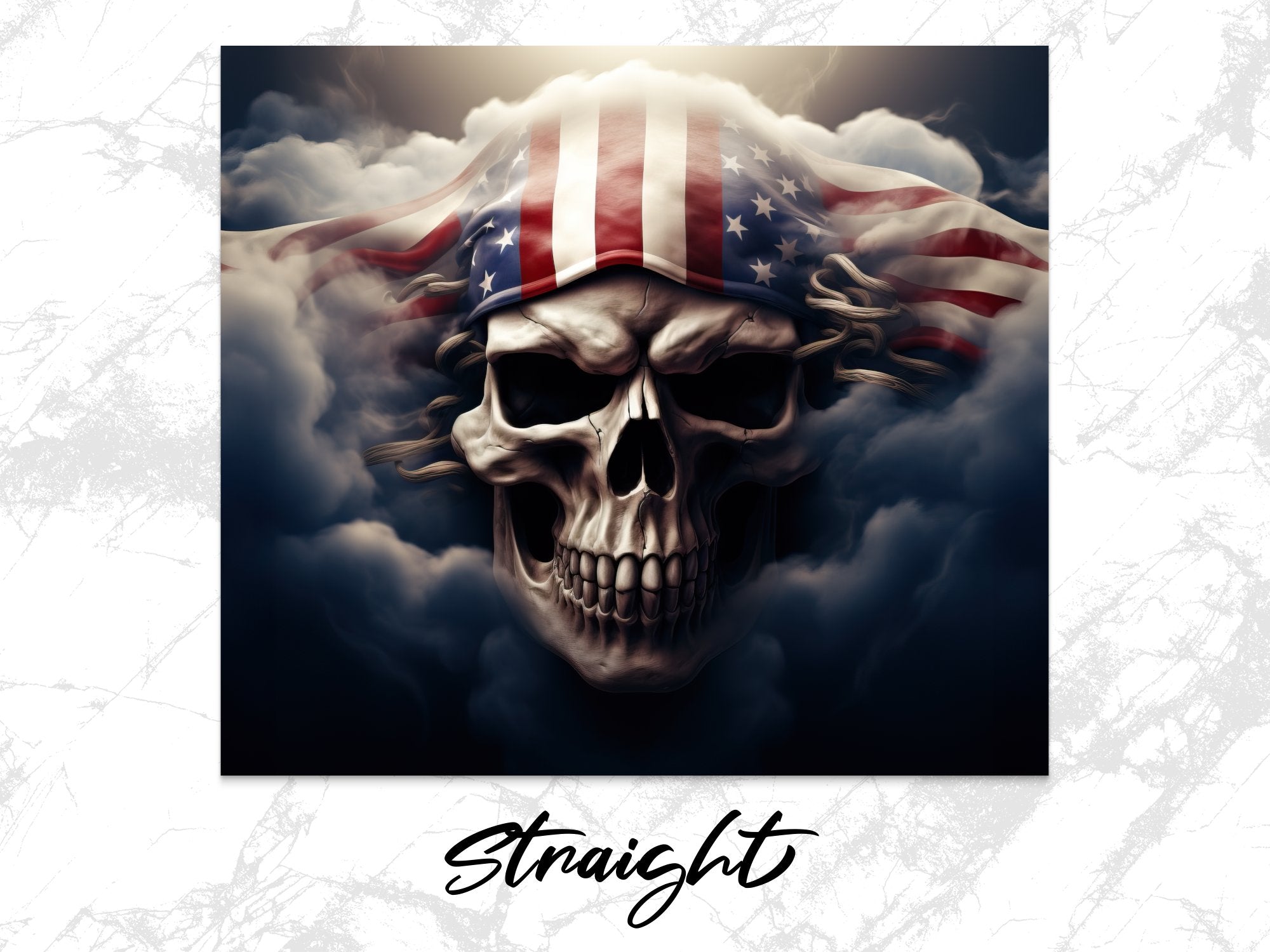 Storm-Wrapped American Flag Skull 20oz Tumbler Design | Ghostly Patriotic Skull Sublimation Wrap | Ethereal Flag Skull Tumbler Graphic - Gabe Atkins Designs