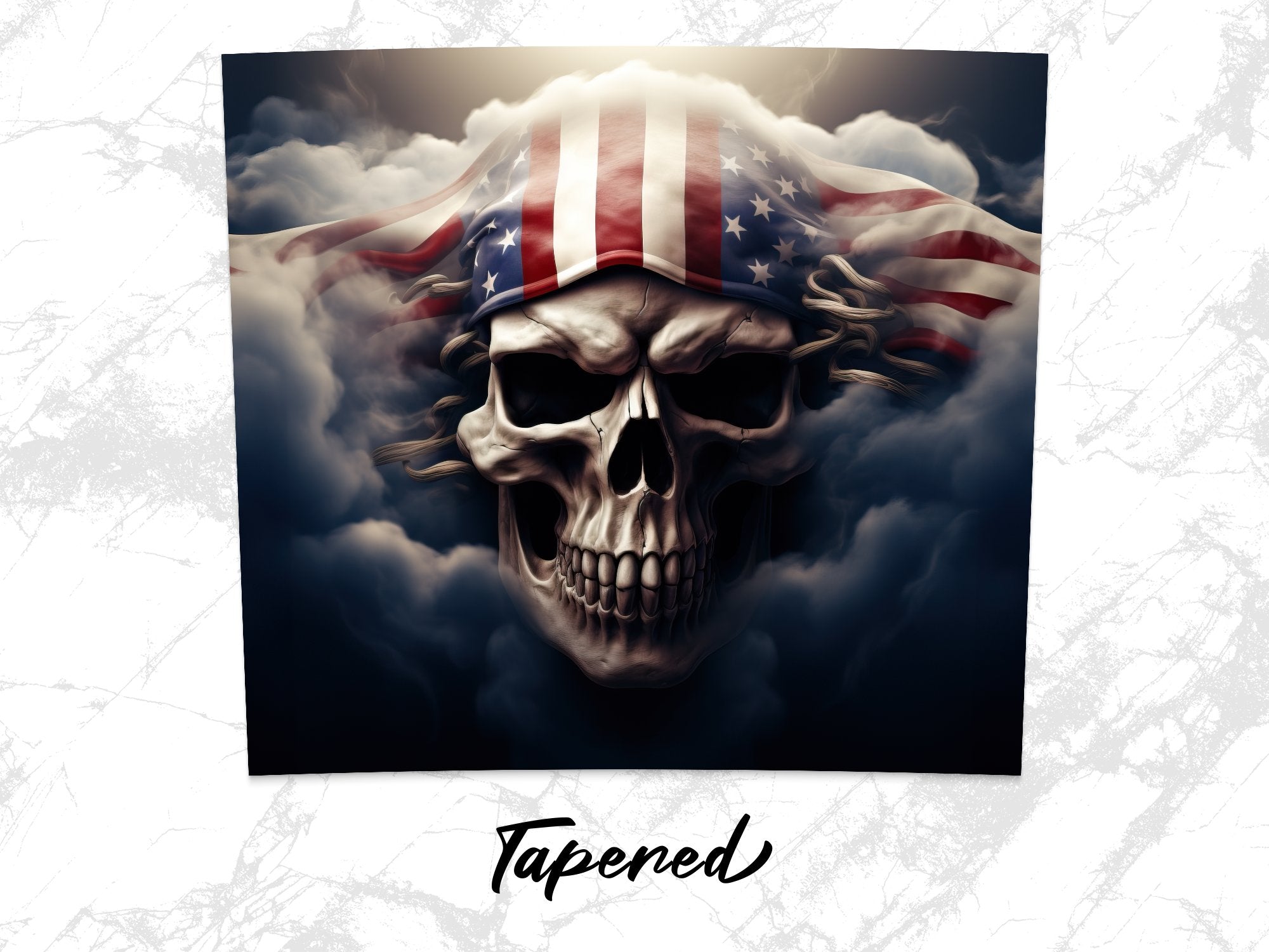 Storm-Wrapped American Flag Skull 20oz Tumbler Design | Ghostly Patriotic Skull Sublimation Wrap | Ethereal Flag Skull Tumbler Graphic - Gabe Atkins Designs