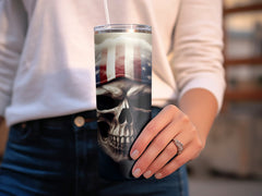 Storm-Wrapped American Flag Skull 20oz Tumbler Design | Ghostly Patriotic Skull Sublimation Wrap | Ethereal Flag Skull Tumbler Graphic - Gabe Atkins Designs