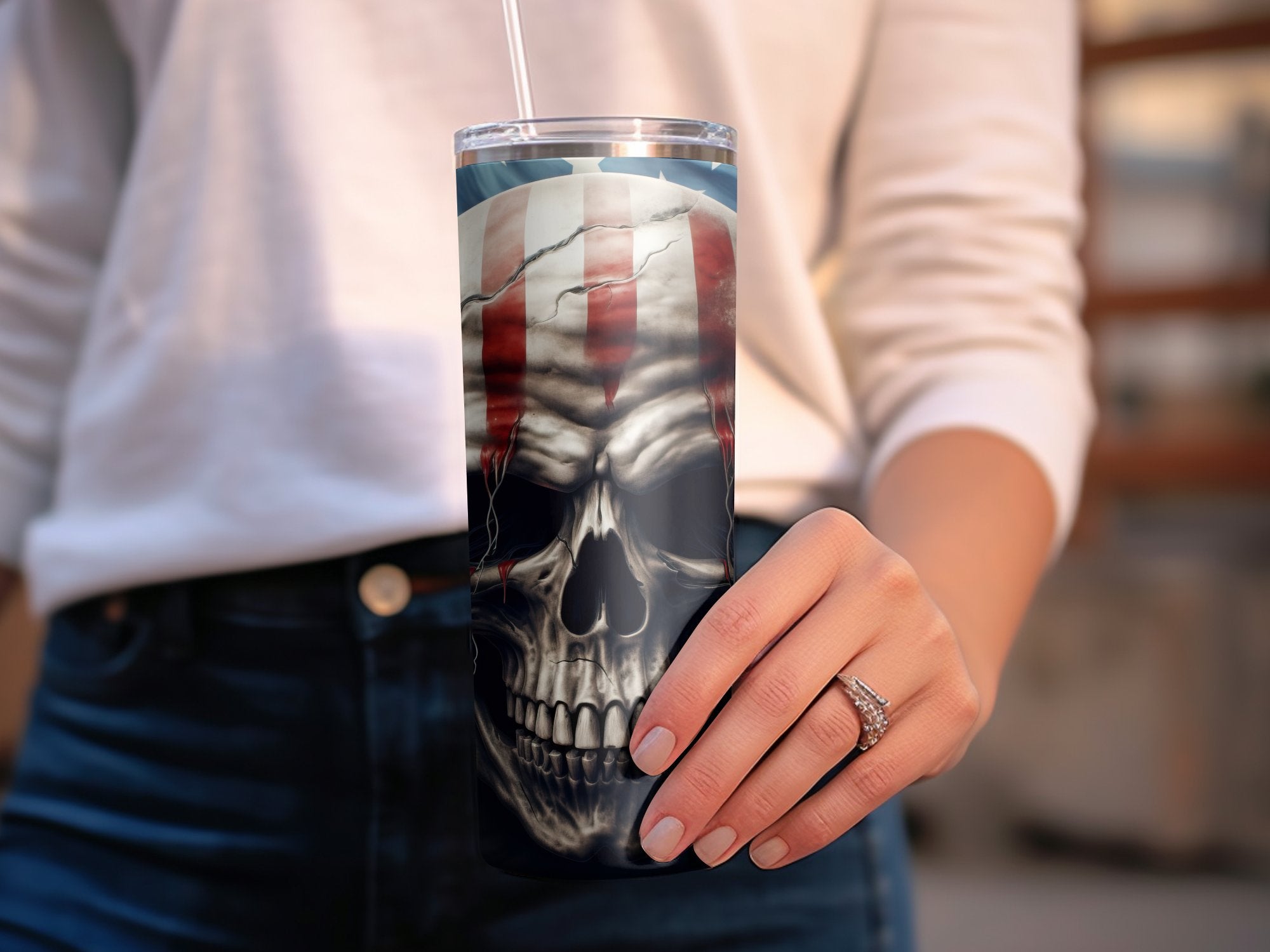 Bleeding American Flag Skull 20oz Tumbler Design | Patriotic Skull Sublimation Wrap | Haunting USA Flag Skull Tumbler Graphic - Gabe Atkins Designs