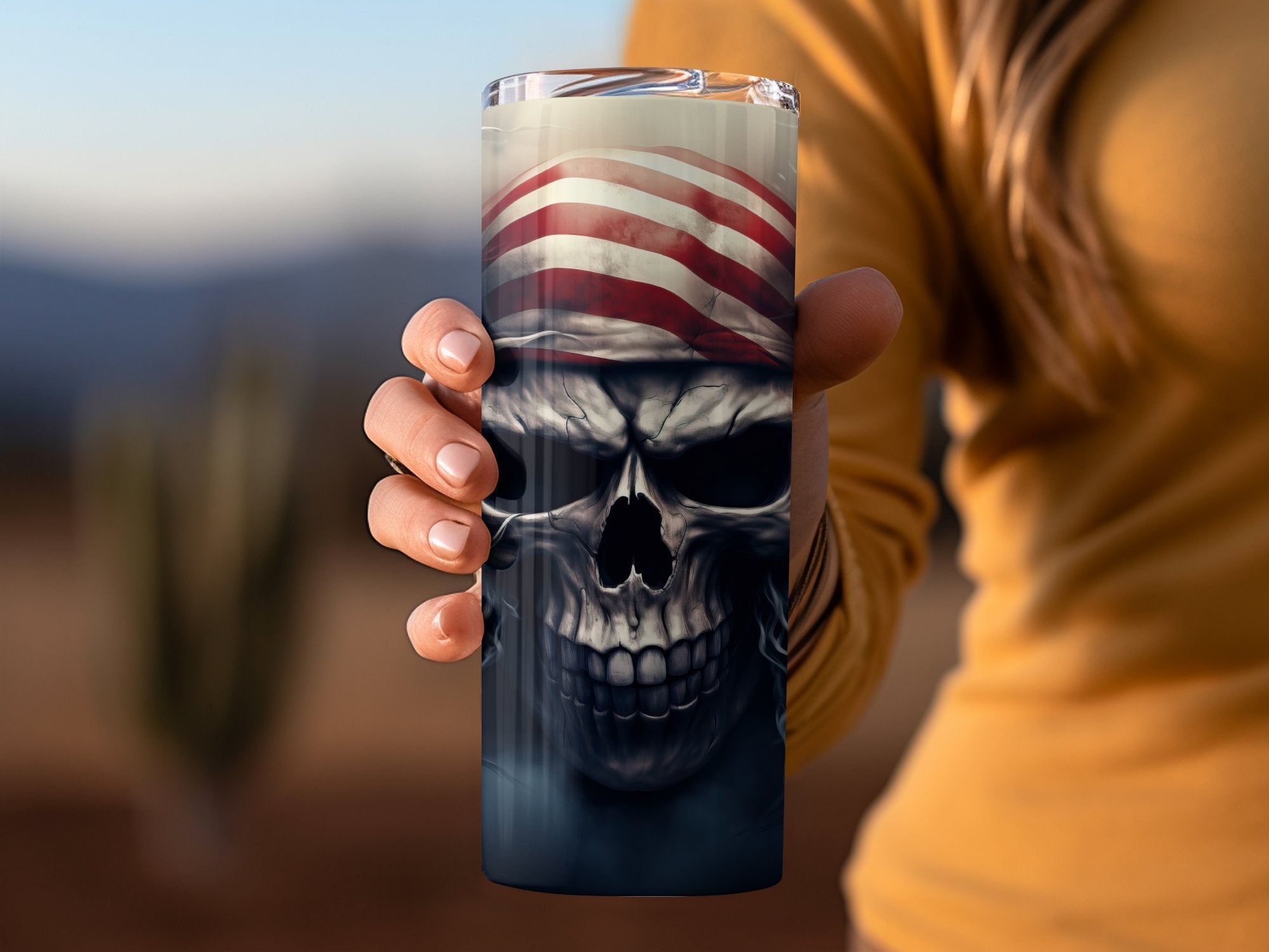 Stormy Striped Skull Tumbler Wrap | Dramatic 20oz American Flag Design | Dramatic 20oz American Flag Design