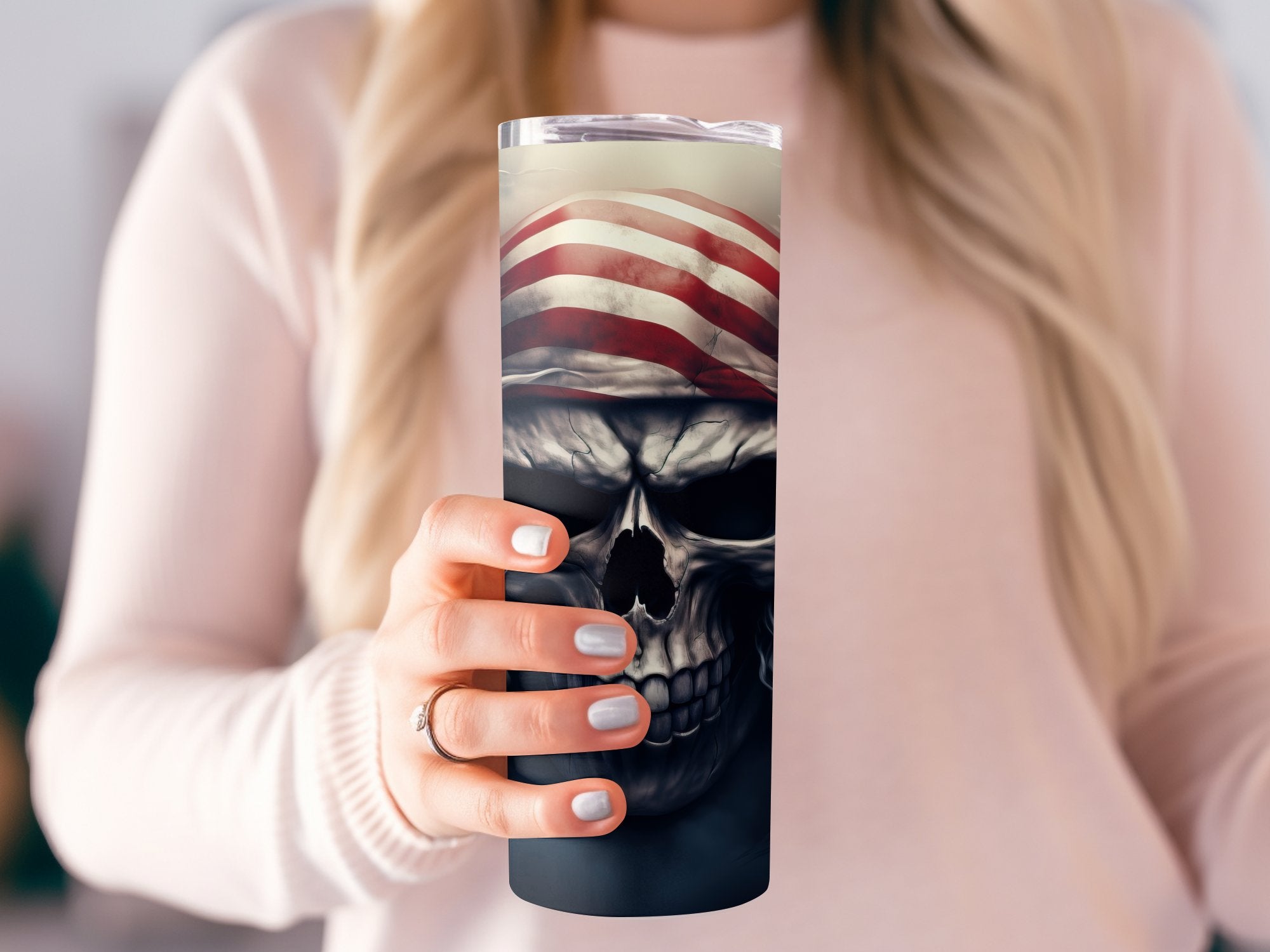 Stormy Striped Skull Tumbler Wrap | Dramatic 20oz American Flag Design | Dramatic 20oz American Flag Design