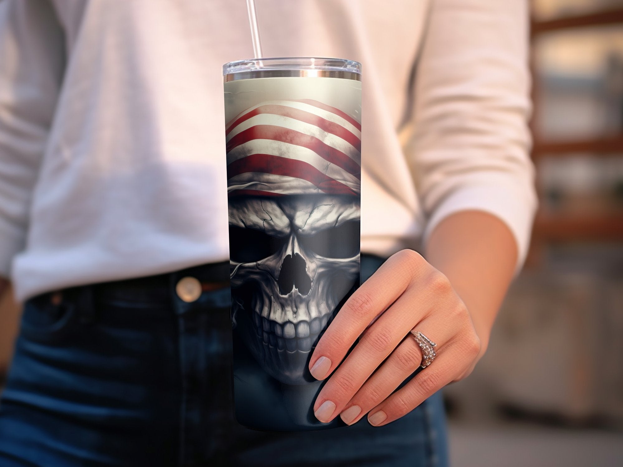 Stormy Striped Skull Tumbler Wrap | Dramatic 20oz American Flag Design | Dramatic 20oz American Flag Design