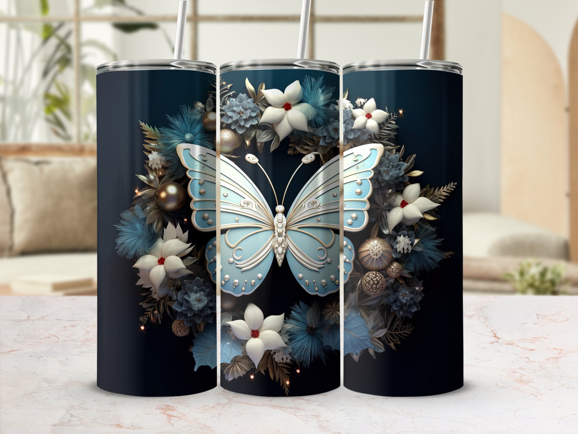 Frosted Elegance: Winter Motifs and Butterflies 20oz Tumbler Wrap Subl | Butterflies 20oz Tumbler Wrap Sublimation PNG Collection