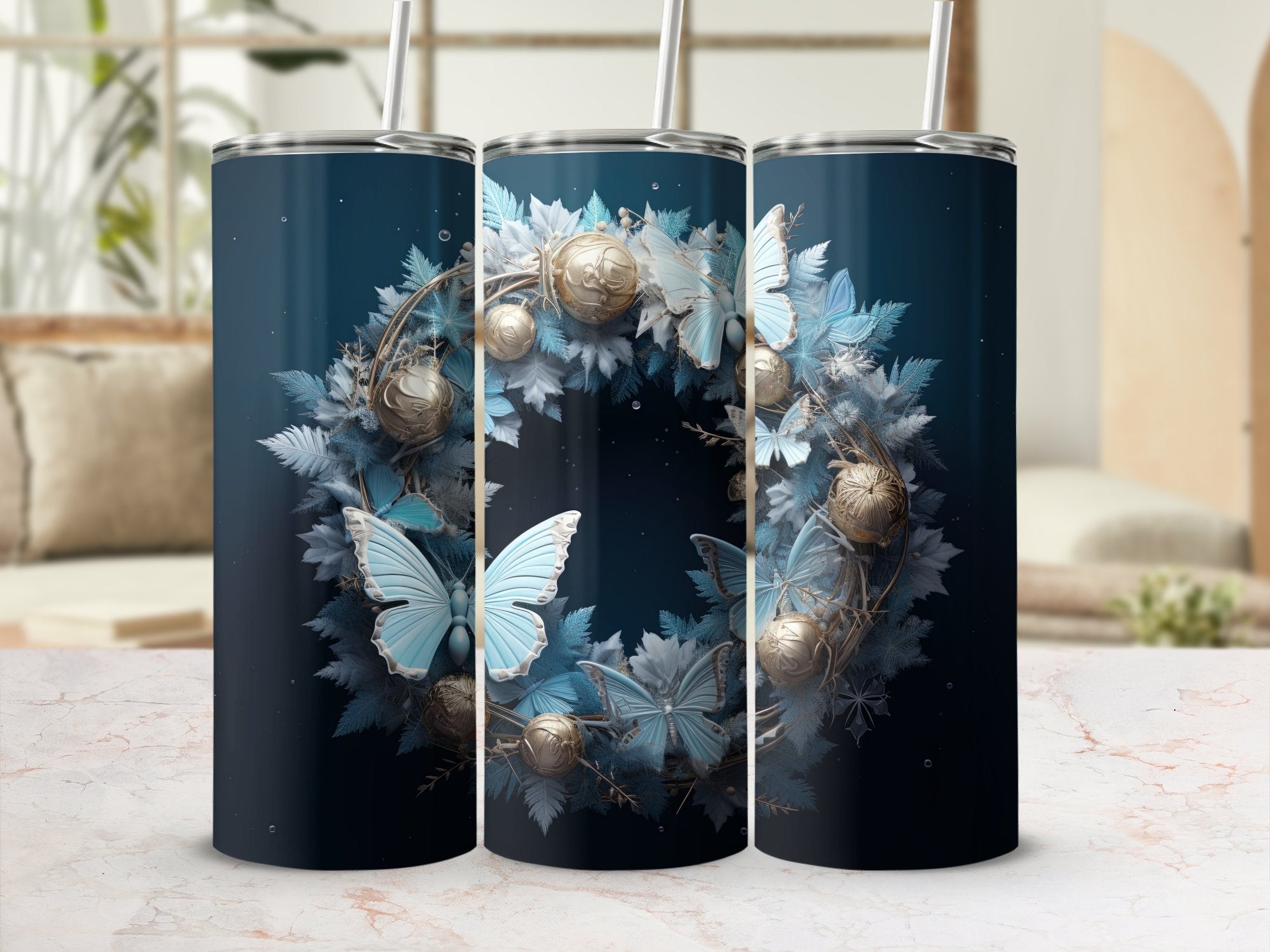 Frosted Elegance: Winter Motifs and Butterflies 20oz Tumbler Wrap Subl | Butterflies 20oz Tumbler Wrap Sublimation PNG Collection