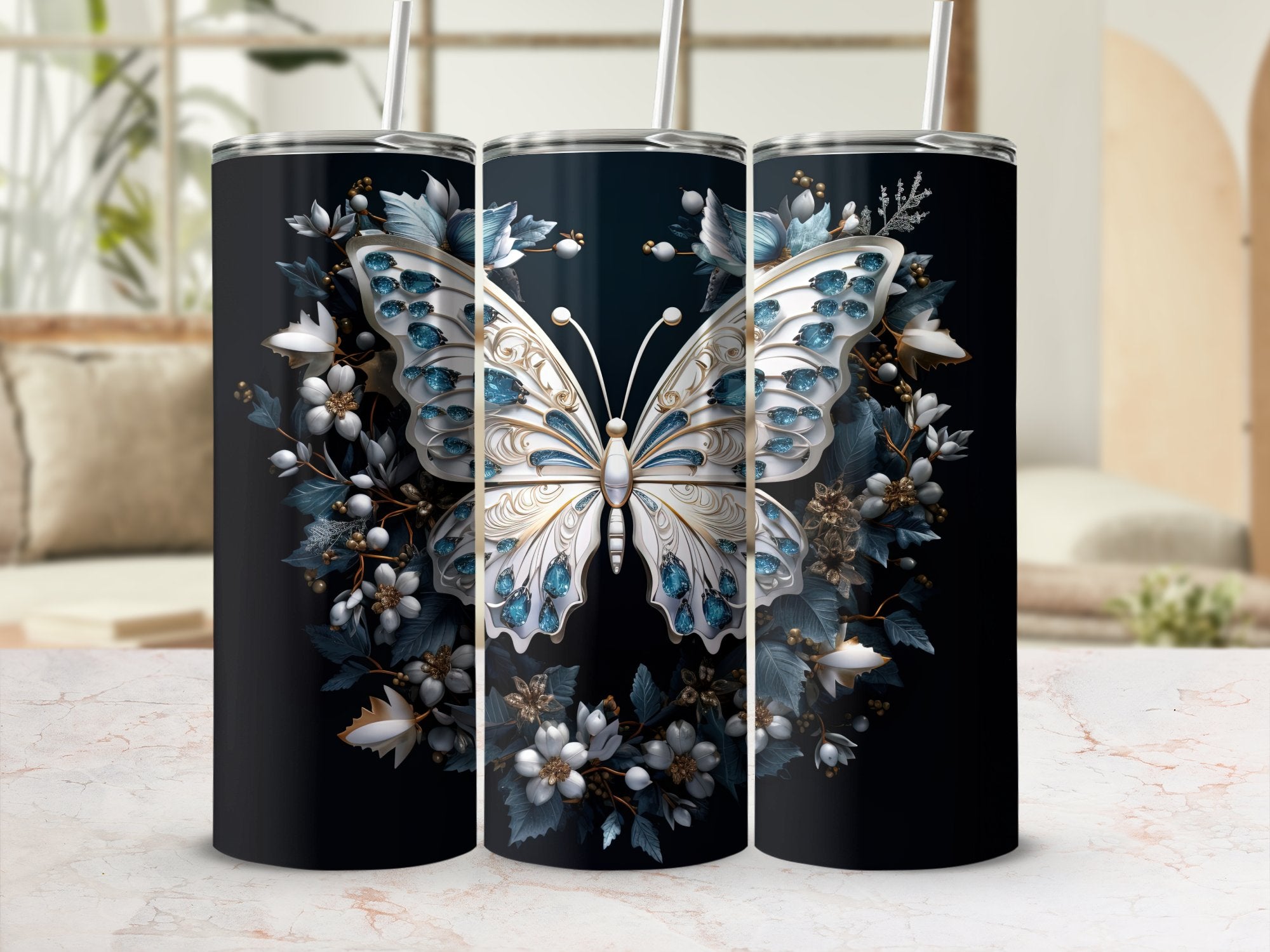 Frosted Elegance: Winter Motifs and Butterflies 20oz Tumbler Wrap Subl | Butterflies 20oz Tumbler Wrap Sublimation PNG Collection