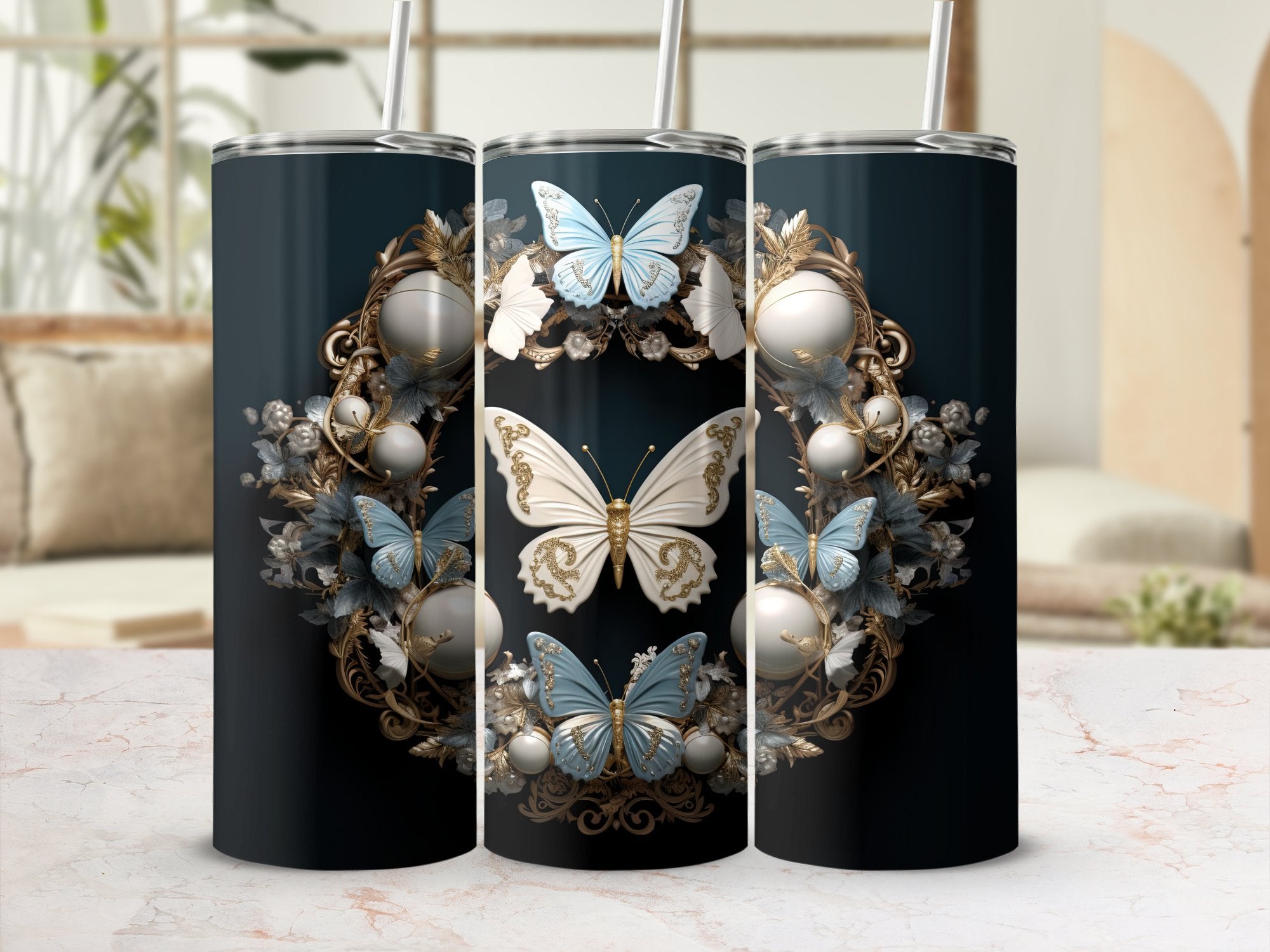 Frosted Elegance: Winter Motifs and Butterflies 20oz Tumbler Wrap Subl | Butterflies 20oz Tumbler Wrap Sublimation PNG Collection