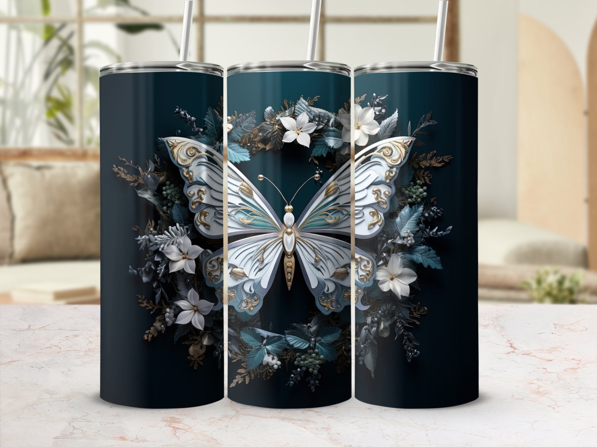 Frosted Elegance: Winter Motifs and Butterflies 20oz Tumbler Wrap Subl | Butterflies 20oz Tumbler Wrap Sublimation PNG Collection
