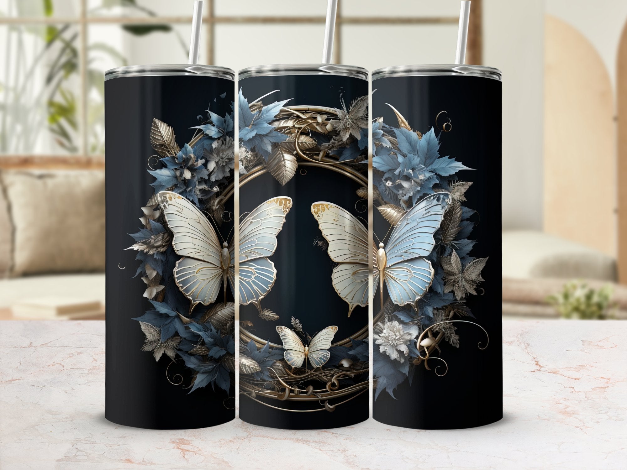 Frosted Elegance: Winter Motifs and Butterflies 20oz Tumbler Wrap Subl | Butterflies 20oz Tumbler Wrap Sublimation PNG Collection