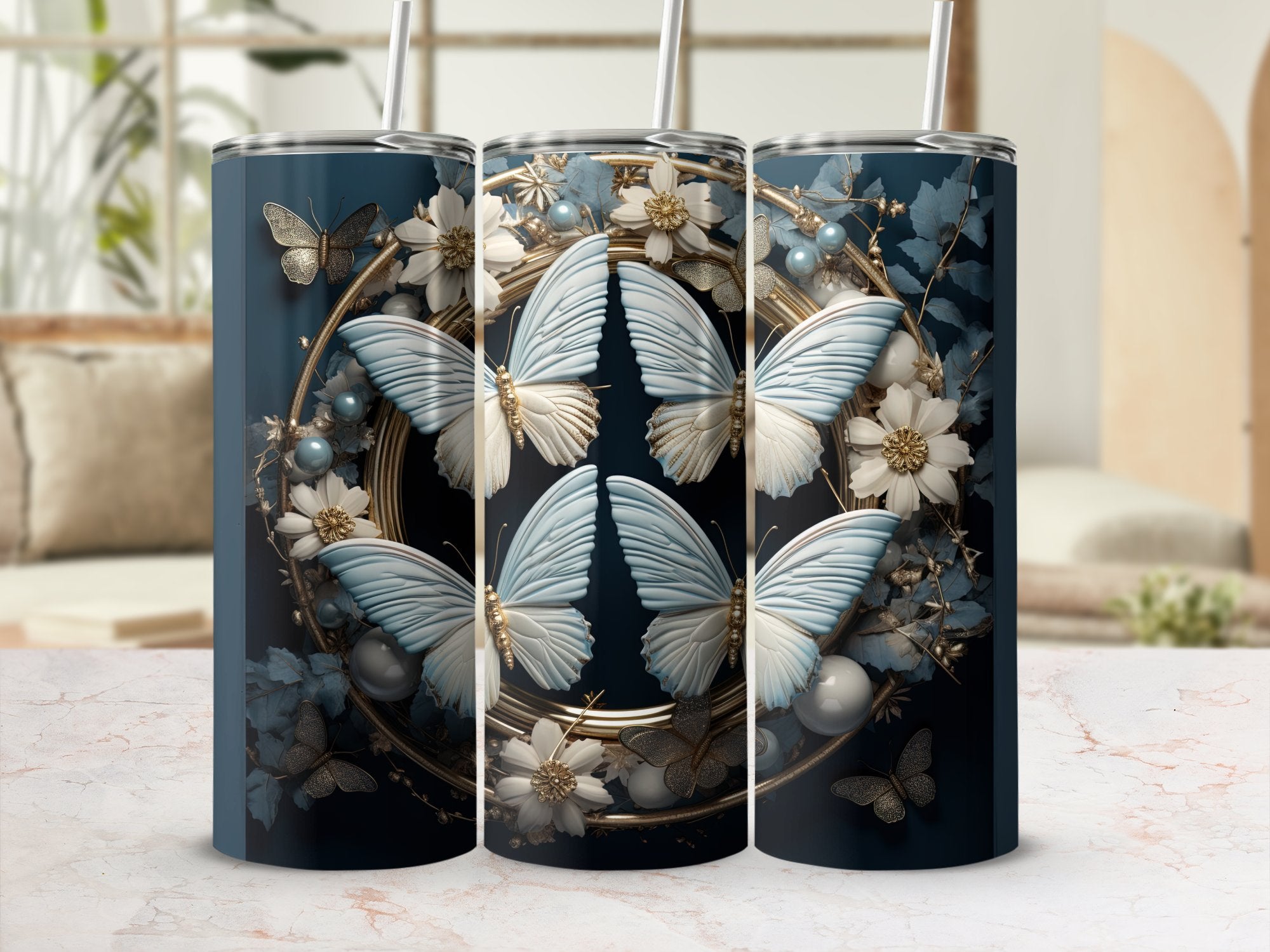 Frosted Elegance: Winter Motifs and Butterflies 20oz Tumbler Wrap Subl | Butterflies 20oz Tumbler Wrap Sublimation PNG Collection
