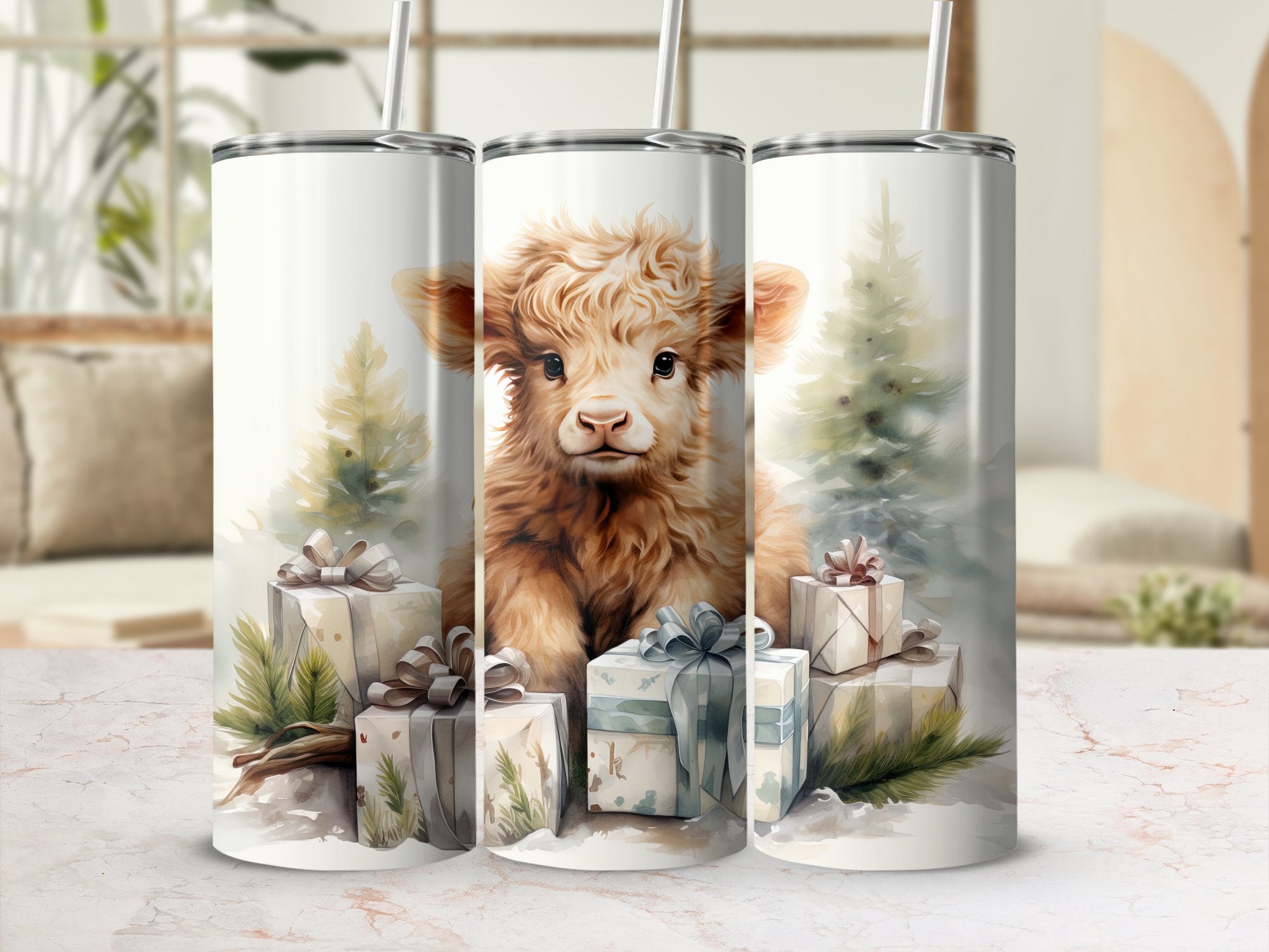 Festive Highland Cow 20oz Tumbler Wrap Designs - Set of 29 Sublimation | Festive Highland Cow 20oz Tumbler Wrap Designs - Set