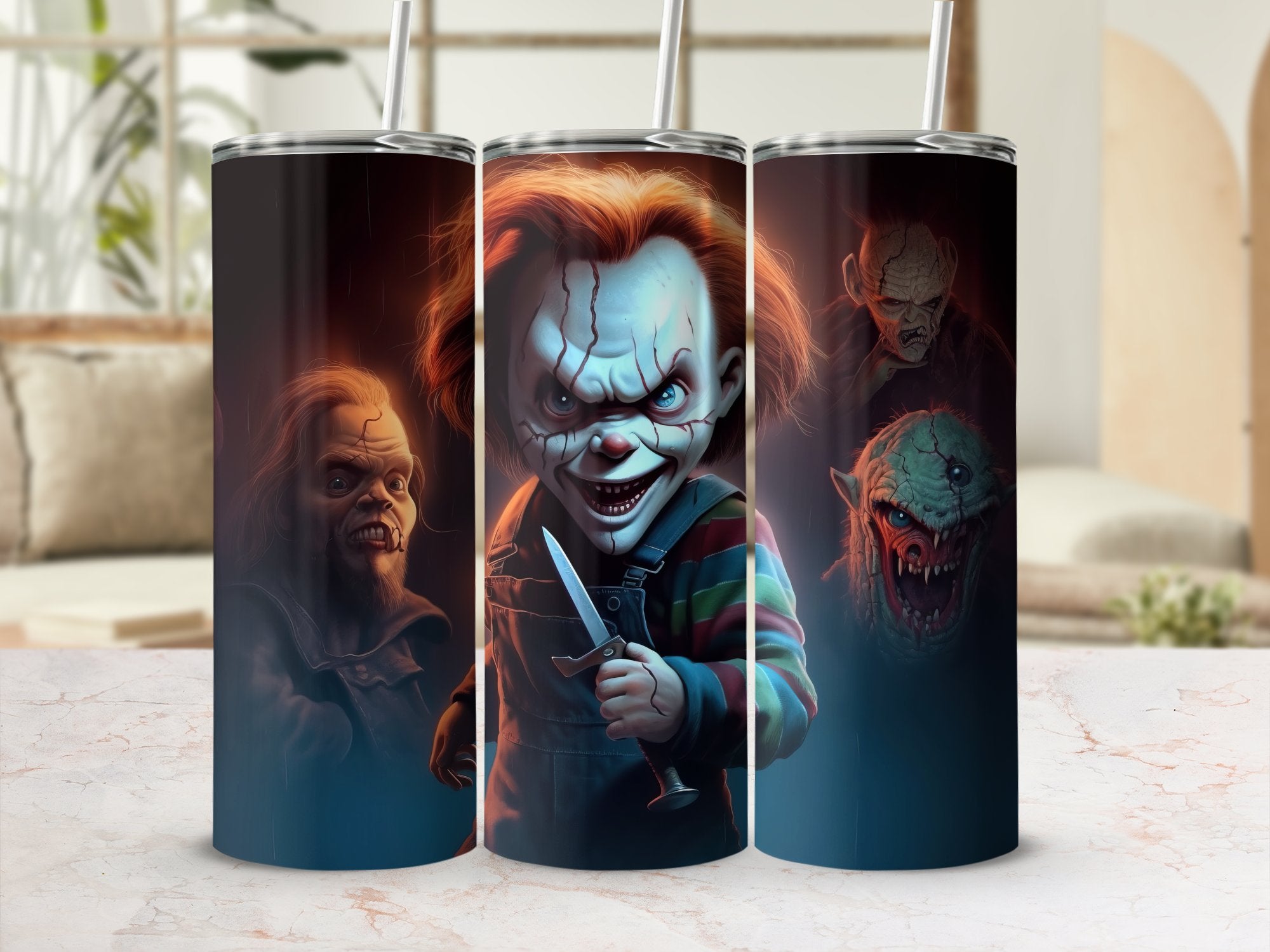 Iconic Horror Characters: Spine-Chilling 20oz Tumbler Wrap Sublimation PNG - Gabe Atkins Designs