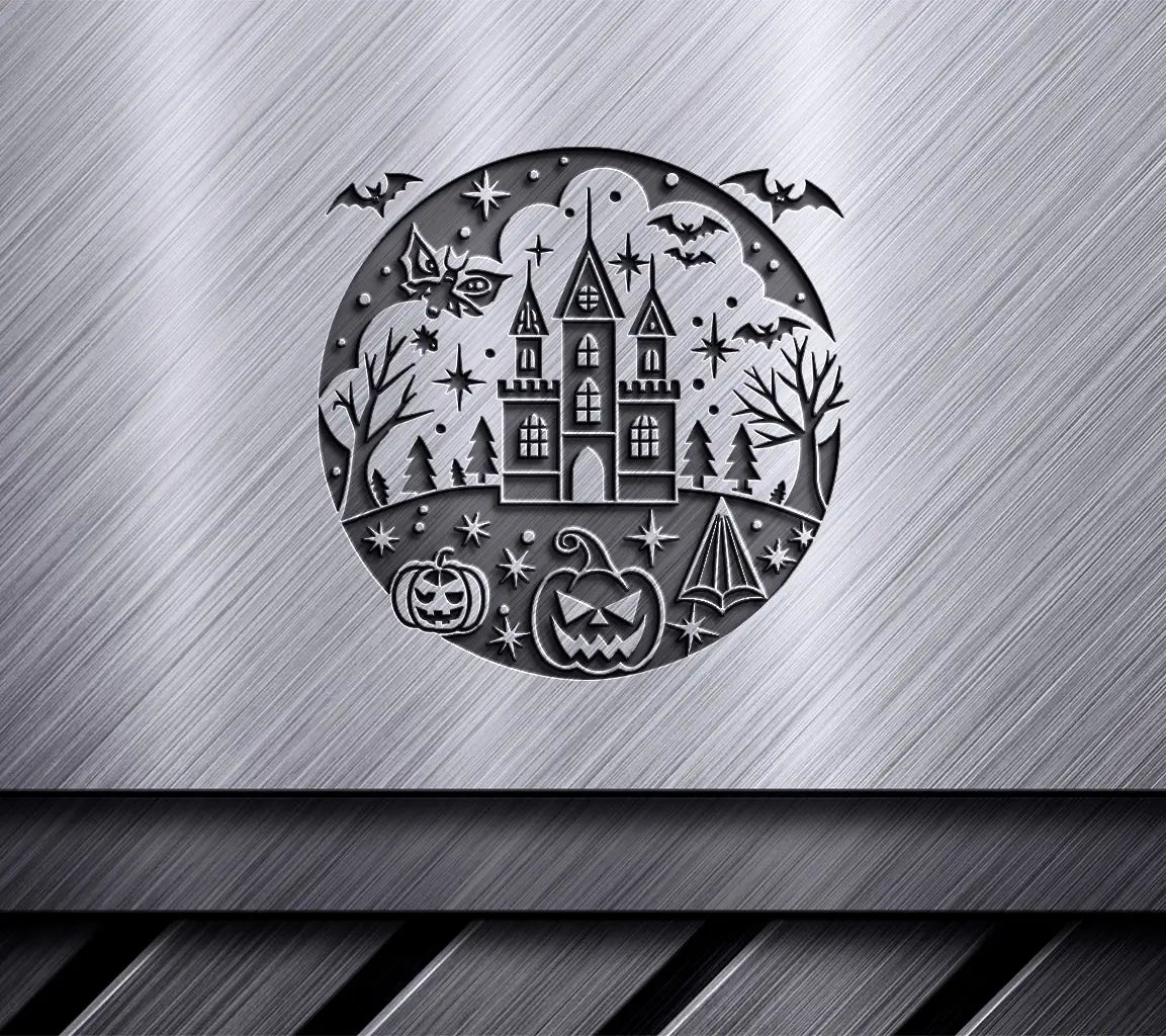 Halloween Castle with Bats & Pumpkins SVG -  Drawing SVG