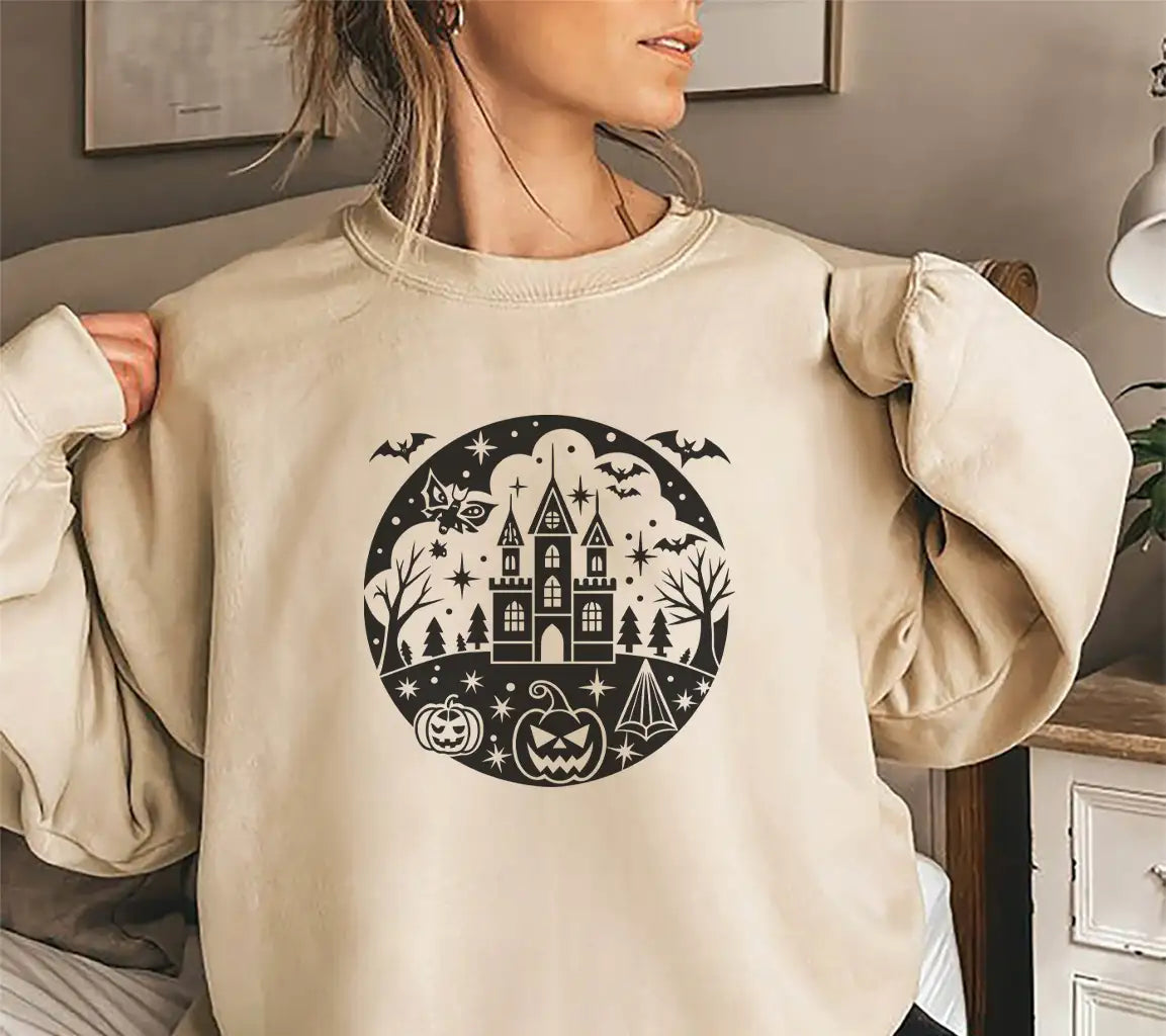 Halloween Castle with Bats & Pumpkins SVG -  Drawing SVG