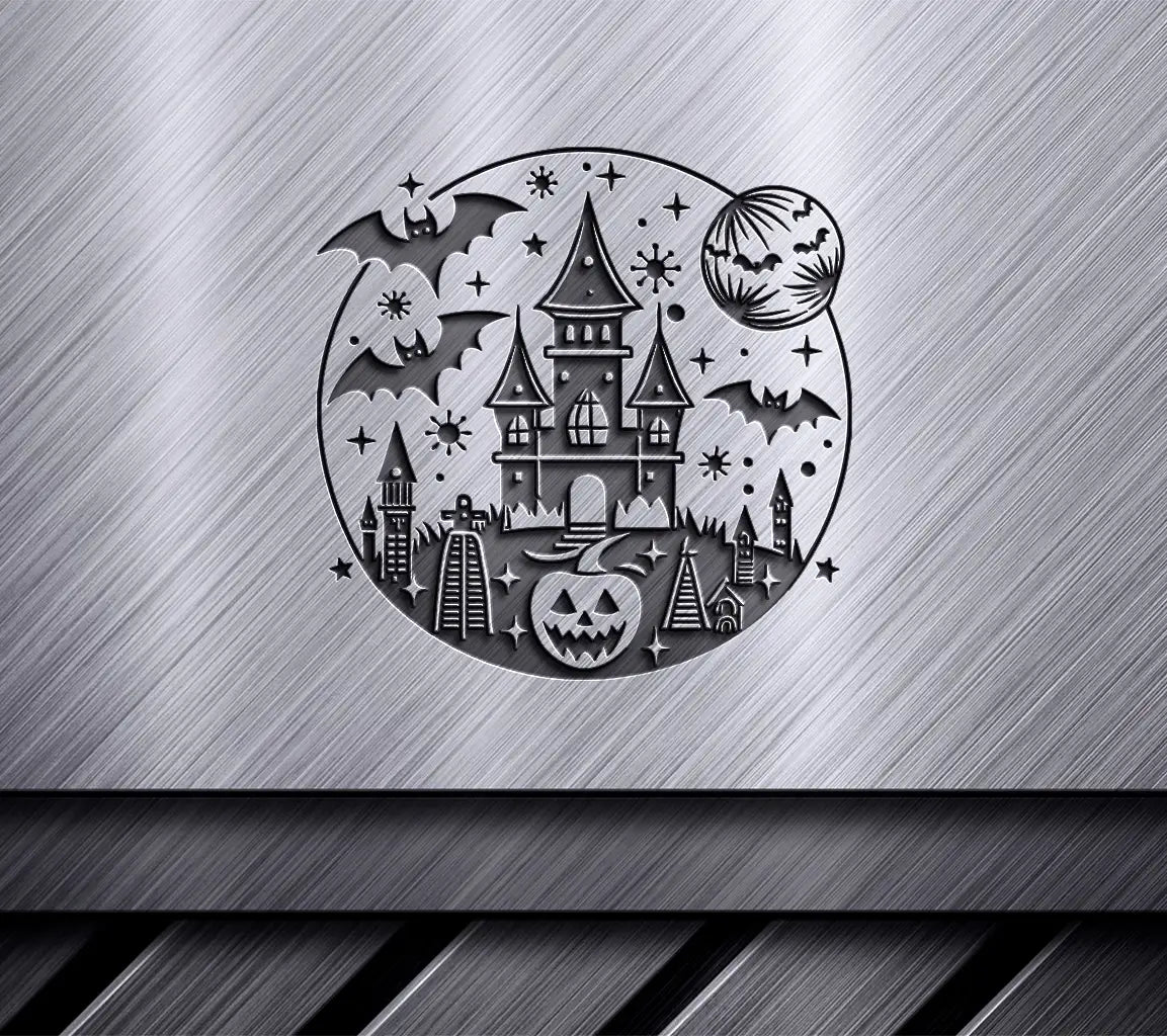 Haunted Castle Halloween SVG -  Silhouette with Bats & Pumpkin SVG