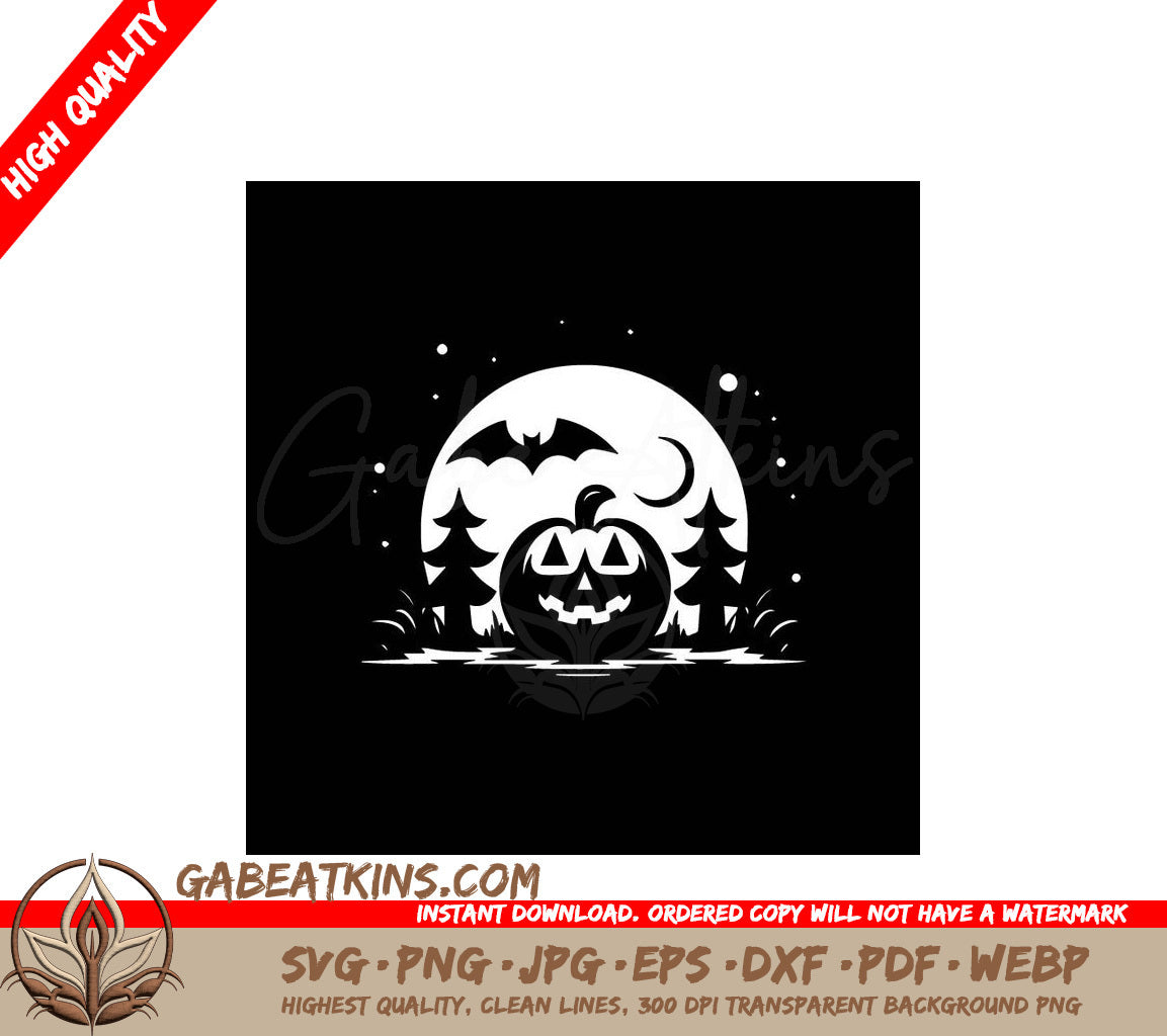 Halloween Pumpkin Silhouette SVG -  Tree, Bat, Full Moon Design SVG