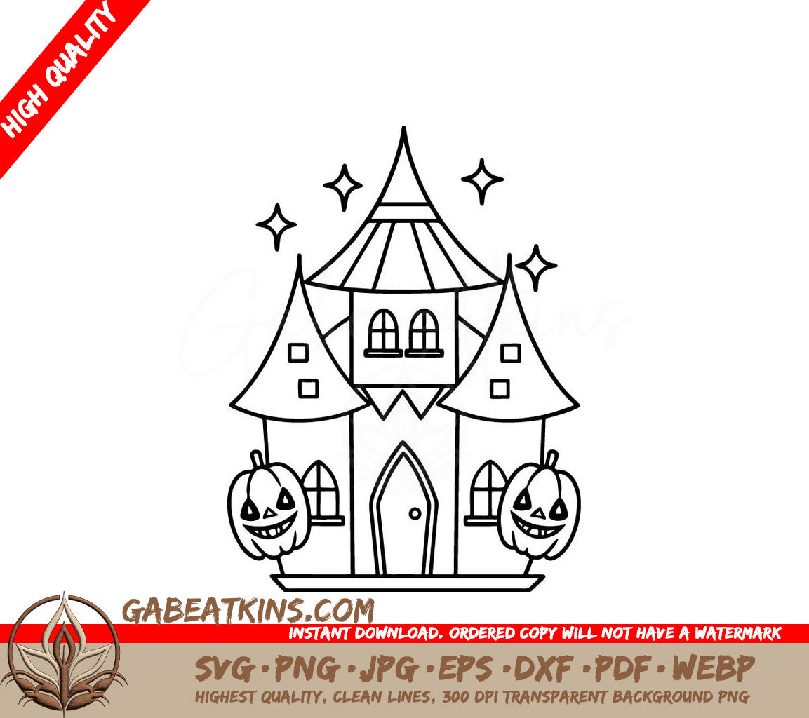 Halloween Haunted House Coloring Page SVG -  Drawing with Pumpkins SVG