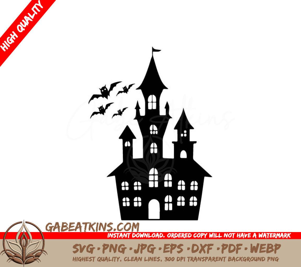 Haunted House Silhouette SVG with Bats - White Background SVG