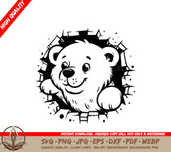 A Black And White Drawing Of A Teddy Bear Coming Out Of A Hole