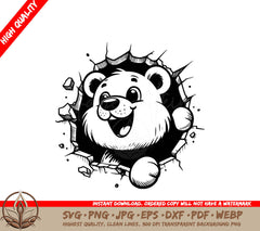 A Black And White Drawing Of A Teddy Bear Breaking Through A Wall