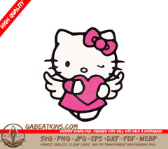 A Drawing Of Hello Kitty With Wings Holding A Pink Heart SVG - Hello Kitty Angel Wings holding a pink heart and with pink bow SVG