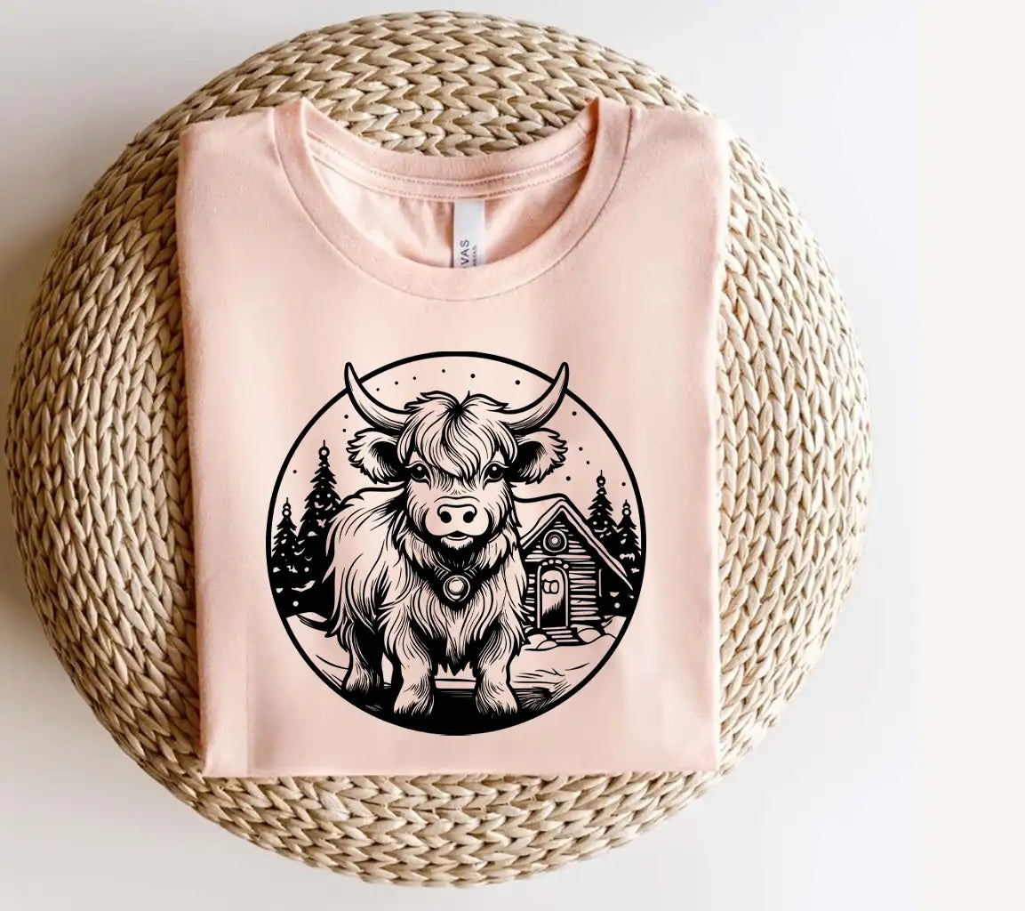 Highland Cow Christmas Cabin SVG -  Drawing SVG