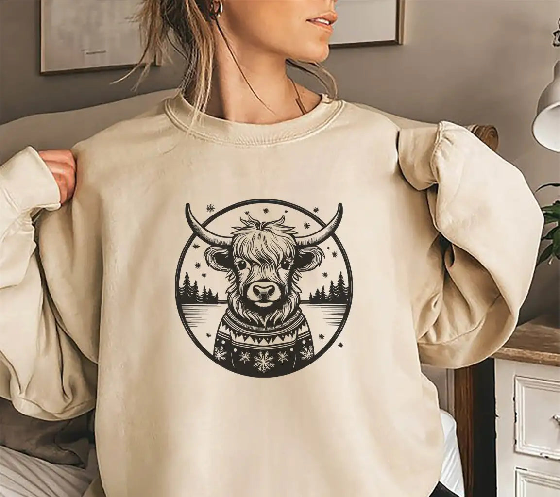 Highland Cow Christmas Cheer SVG Bull in Sweater with Snowflakes SVG