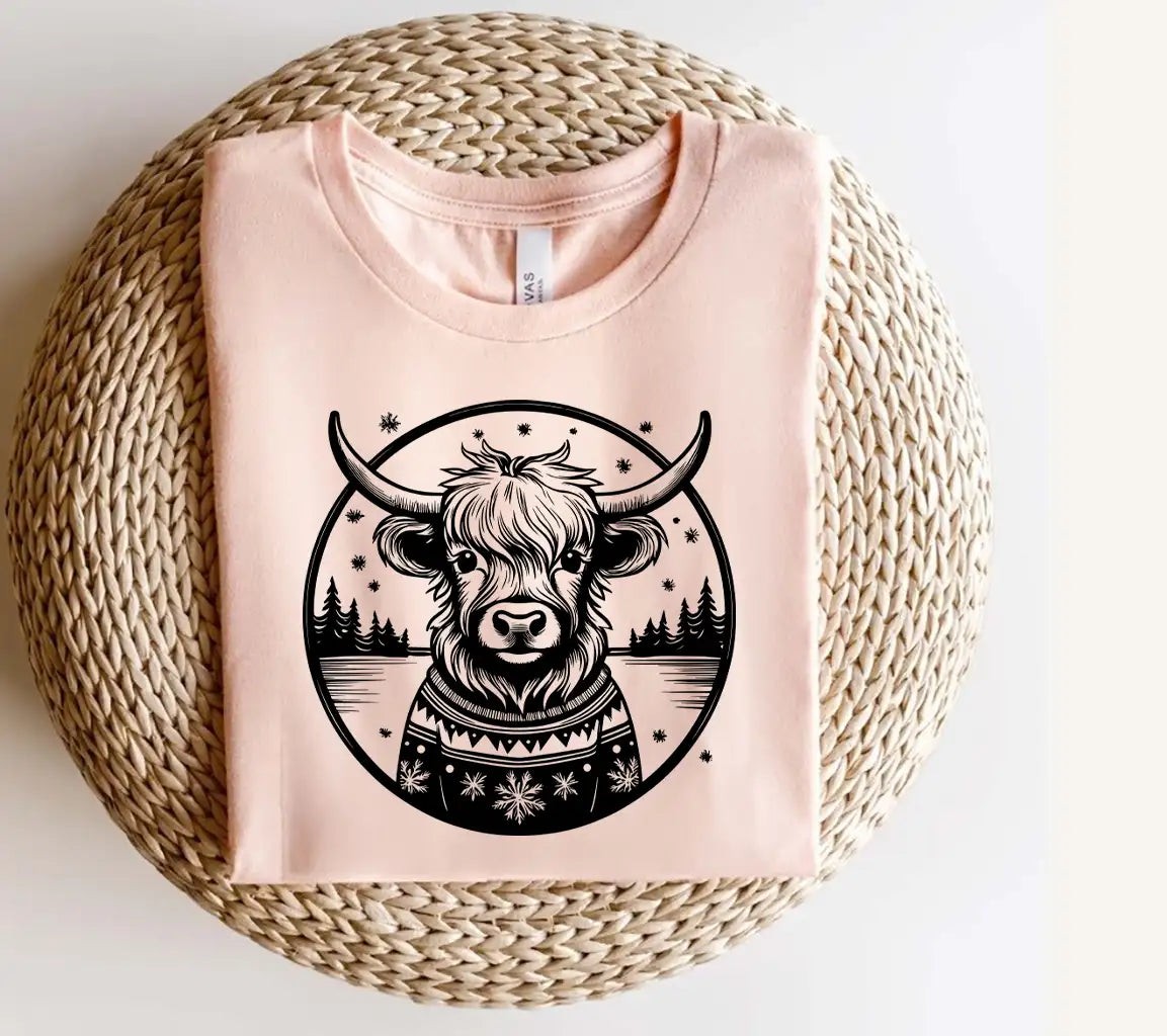 Highland Cow Christmas Cheer SVG Bull in Sweater with Snowflakes SVG