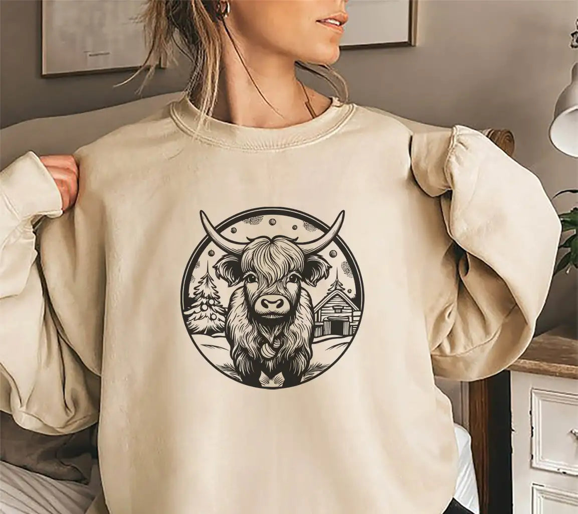  Yak with Trees SVG - Highland Cow Christmas Barn Scene SVG