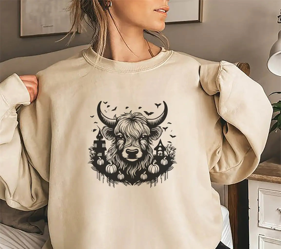 Halloween Highland Cow Bull with Pumpkins & Bats SVG SVG