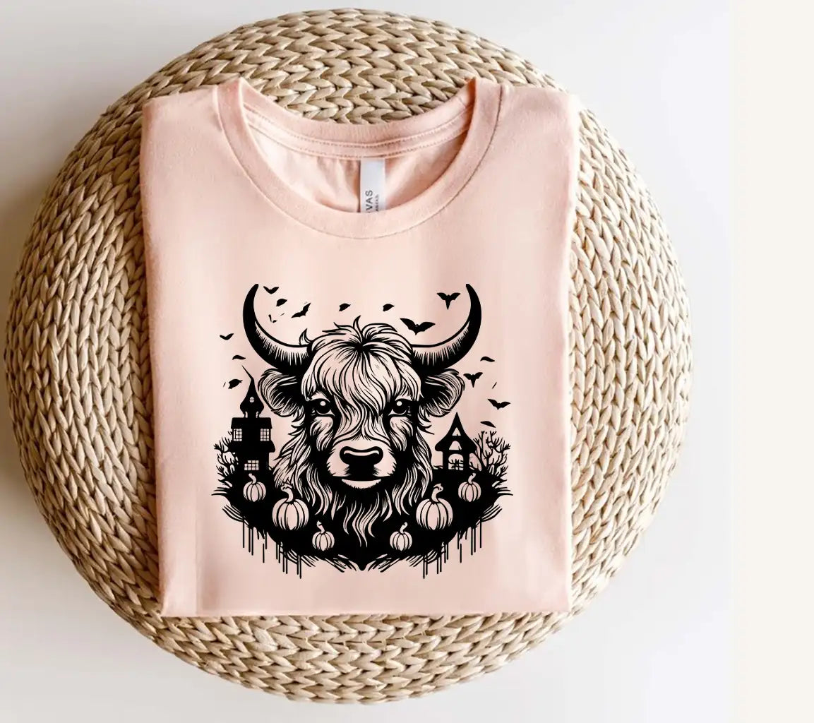 Halloween Highland Cow Bull with Pumpkins & Bats SVG SVG