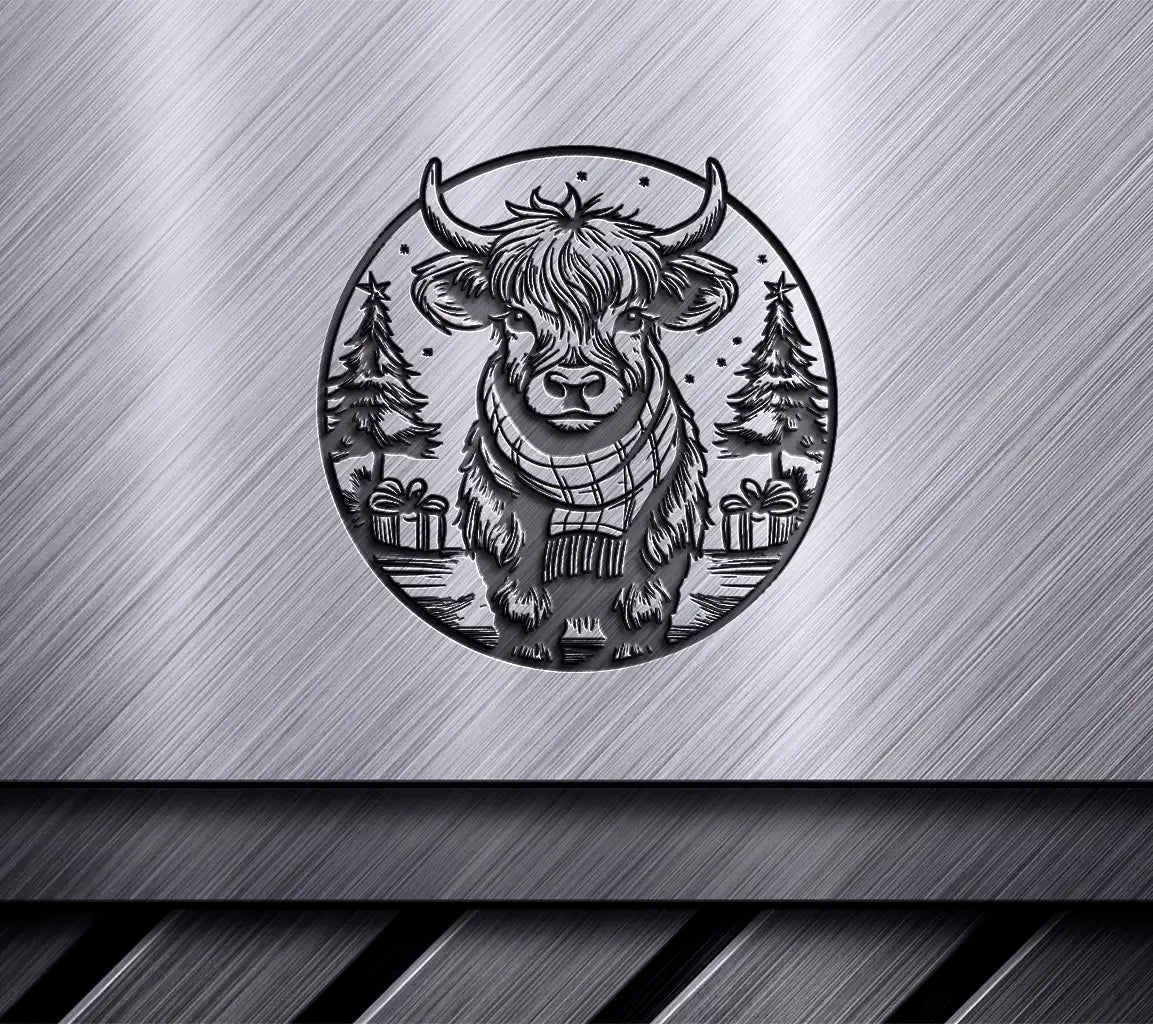 Highland Cow Bull in Scarf by Festive Fireplace -  SVG SVG