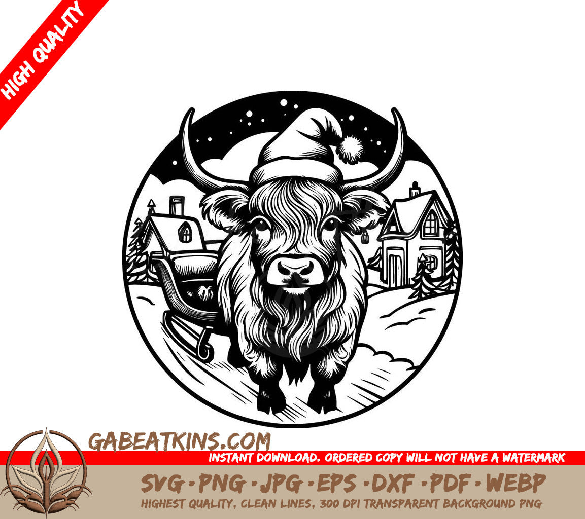 Highland Cow Christmas Eve Sleigh Ride SVG -  Bull in Santa Hat SVG