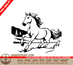  A Horse Running SVG - Horse running on the river with mountains in the background Vector illustration SVG