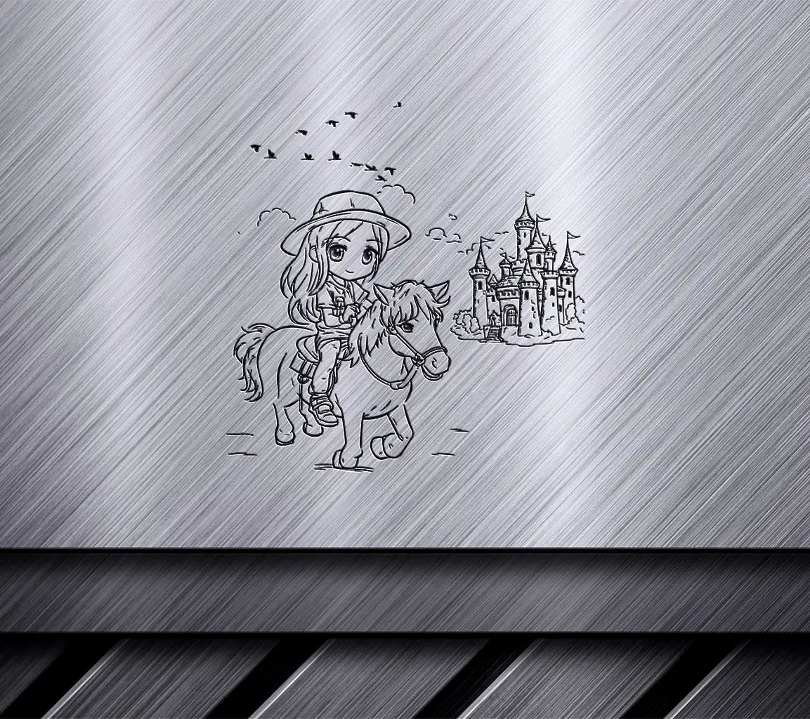 Little Girl Riding Horse & Castle SVG - Coloring Book Illustration SVG