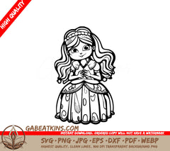  Girl in Dress SVG - Curly Hair Princess Coloring Page Illustration SVG