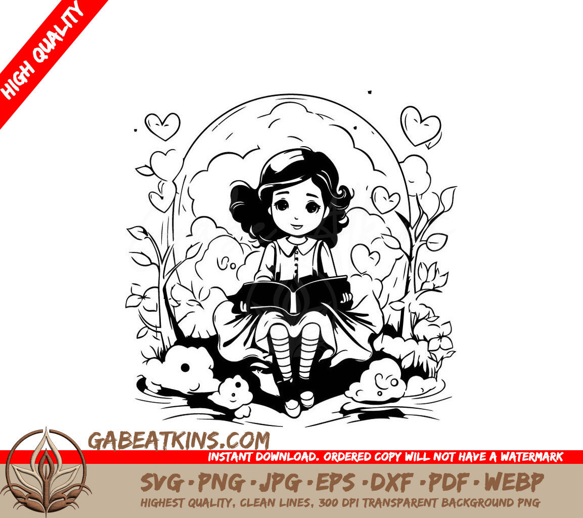  Girl Reading Book SVG - Vector Illustration SVG