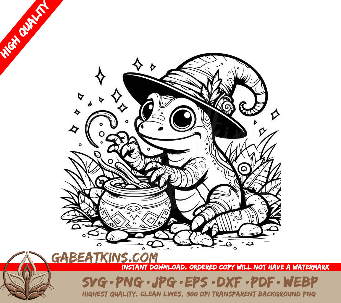  Lizard Witch Hat SVG Coloring Page Illustration SVG