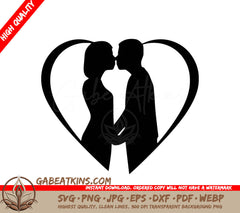A Silhouette Of A Man And Woman Kissing Inside Of A Heart SVG - Loving Couple SVG