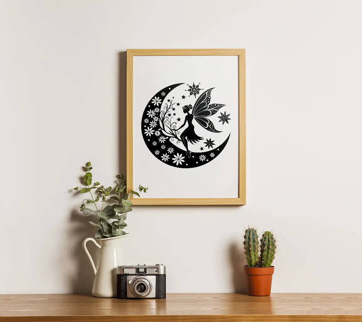 Magical Moonlit Fairy SVG Floral Crescent with Stars SVG